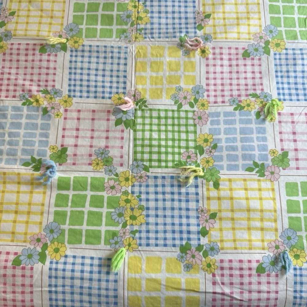 Vintage Quilt Blanket 65x45 Floral Gingham Patchwork Tied Pastel Nursery Retro